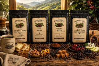 Artisan Grove Coffee Bags of Blended Coffees on a warm pine table with coffee cup and spices to illustrate the different flavor notes in the blends.