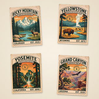 Four vintage national park postage stamp stickers with Keep Them Wild postmarks: Rocky Mountain, Yellowstone, Yosemite and Grand Canyon