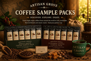 Artisan Grove coffee sample packs: single origin and flavored sample boxes with a green Artisan Grove Mercantile mug