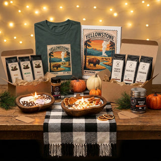 Artisan Grove gift sets with National Park tee and canvas, single origin and flavored coffee sample bags, dough bowl candles and BBQ rubs in kraft gift boxes