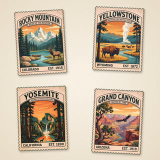 Four vintage national park stamp canvas prints of Rocky Mountain, Yellowstone, Yosemite and Grand Canyon