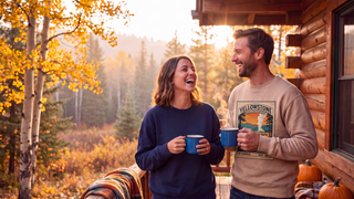 Couple drinking coffee on a cabin porch, man wearing a Yellowstone National Park vintage stamp crewneck sweatshirt