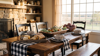 Rustic table set with buffalo check runner, barnwood serving tray and wooden dough bowl