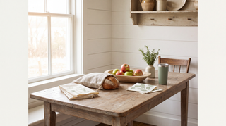 Farmhouse table with cotton tea towels, linen bread bag, dough bowl and insulated tumbler