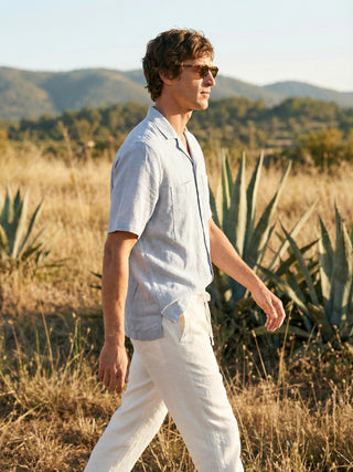 100% Linen Camp-Collar Elbow-Sleeve Shirt HENRY