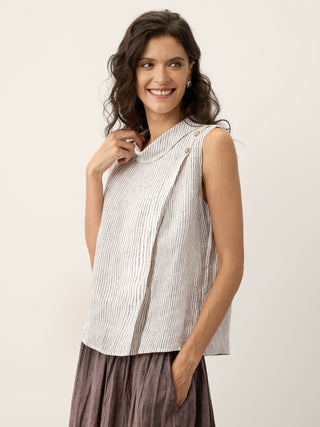 100% Linen Striped Diagonal Pleat Mock Neck Top ESTHER