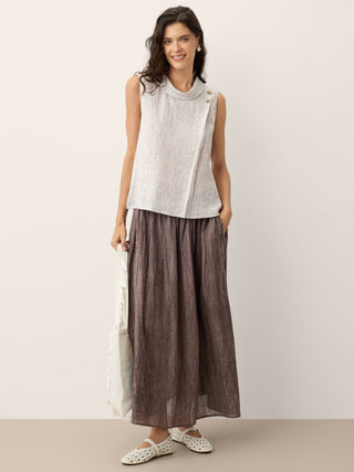 100% Linen Striped Diagonal Pleat Mock Neck Top ESTHER