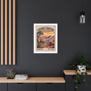 Large Grand Canyon vintage stamp canvas print on a dark accent wall
