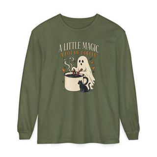 A Little Magic A Lot of Coffee long sleeve, hemp colored Halloween shirt with ghost and black cat