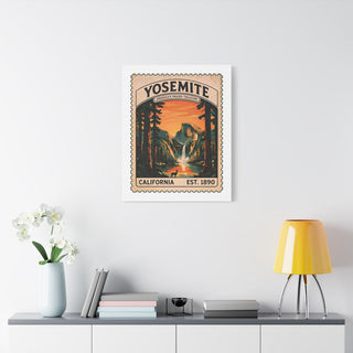 Large Yosemite National Park canvas print above a white console in a modern room