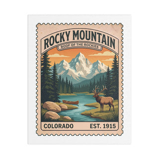 Rocky Mountain National Park vintage stamp canvas print with an elk, alpine lake and snowy peaks