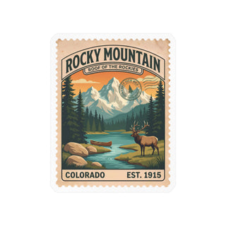 Rocky Mountain National Park vintage stamp sticker with an elk, alpine lake and snowy peaks