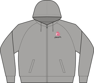 Front of the Breast Cancer Champion zip hoodie in Light Heather Grey with a pink boxing glove chest crest
