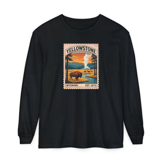 Yellowstone National Park long sleeve shirt with vintage stamp of bison and Old Faithful