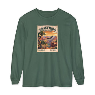 Grand Canyon vintage stamp long sleeve shirt with condor, juniper and sunset buttes