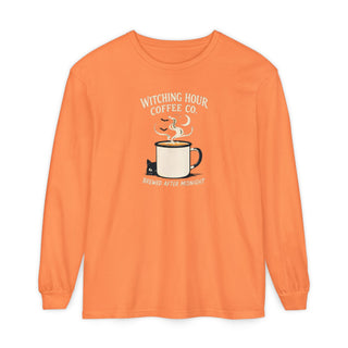 Witching Hour Coffee Co long sleeve melon colored Halloween shirt with black cat and moon