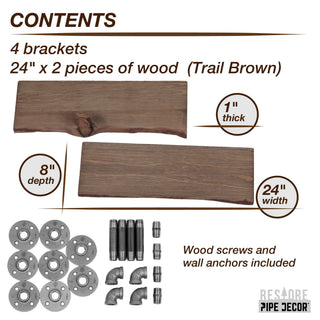 Live Edge Wood Shelf with L-Shaped Pipe Brackets, 24 in. – Trail Brown (2-Pack)