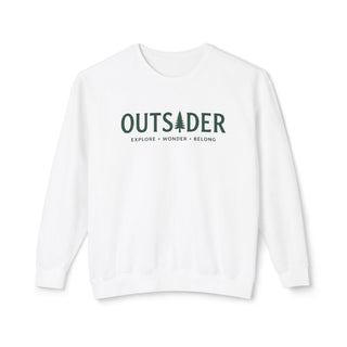 Outsider unisex crewneck sweatshirt in white with green pine tree graphic and Explore Wonder Belong tagline