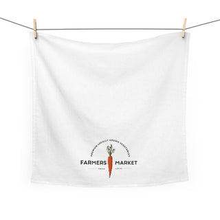 White Farmers Market tea towel with orange carrot and fresh local vegetable design