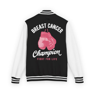 Back of the Breast Cancer Champion varsity letterman jacket showing pink boxing gloves, Champion script and Fight for Life