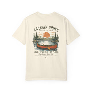 Live, Paddle & Explore T‑Shirt –Garment-Dyed Cotton Tee with Vintage Canoe & Lakeside Graphic - Artisan Grove