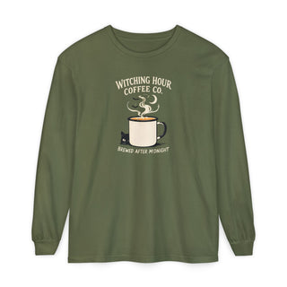 Witching Hour Coffee Co long sleeve hemp colored Halloween shirt with black cat and moon
