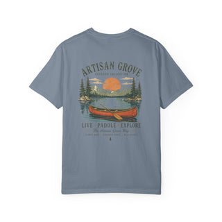 Live, Paddle & Explore T‑Shirt –Garment-Dyed Cotton Tee with Vintage Canoe & Lakeside Graphic - Artisan Grove