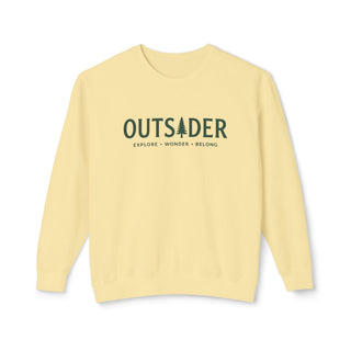 Outsider unisex crewneck sweatshirt in butter yellow with green pine tree graphic