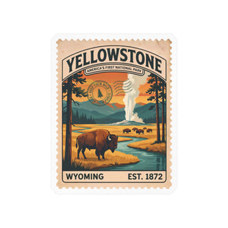Yellowstone National Park vintage stamp sticker with a bison, a river and Old Faithful