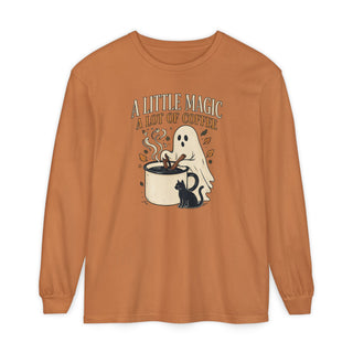 A Little Magic A Lot of Coffee long sleeve, yam colored Halloween shirt with ghost and black cat