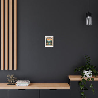 Small Rocky Mountain vintage stamp canvas print on a dark wood-paneled wall