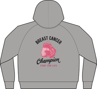 Back of the Breast Cancer Champion zip hoodie in Light Heather Grey showing pink boxing gloves and Fight for Life