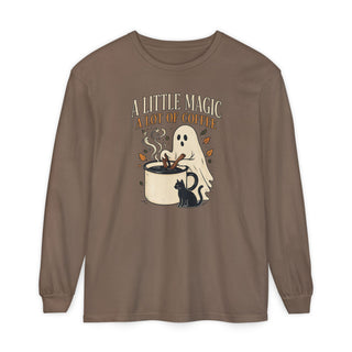 A Little Magic A Lot of Coffee long sleeve, espresso colored Halloween shirt with ghost and black cat