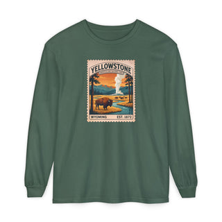 Yellowstone vintage stamp long sleeve shirt with bison, geyser and lodgepole pines