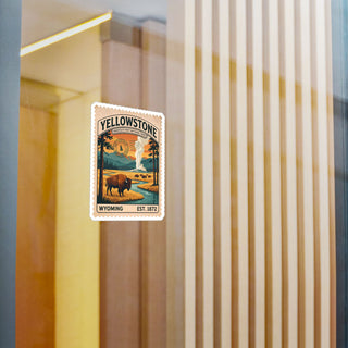 Yellowstone National Park vintage stamp sticker with a bison, a river and Old Faithful – view 6