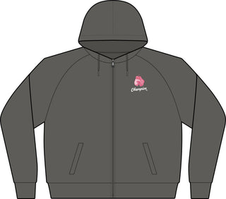 Front of the Breast Cancer Champion zip hoodie in Washed Coal with a pink boxing glove chest crest