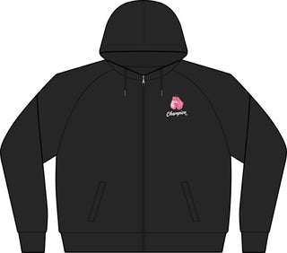 Front of the Breast Cancer Champion zip hoodie in Black with a pink boxing glove chest crest