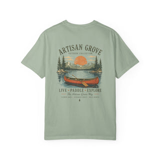 Live, Paddle & Explore T‑Shirt –Garment-Dyed Cotton Tee with Vintage Canoe & Lakeside Graphic - Artisan Grove