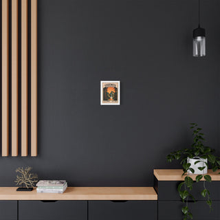Small Yosemite vintage stamp canvas print on a dark wood-paneled wall