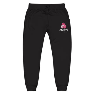 Breast Cancer Champion fleece joggers in Black with embroidered pink boxing gloves and Champion script on the leg