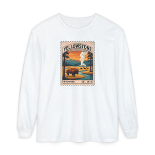 Yellowstone National Park Comfort Colors long sleeve tee, vintage stamp graphic