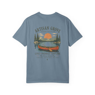 Live, Paddle & Explore T‑Shirt –Garment-Dyed Cotton Tee with Vintage Canoe & Lakeside Graphic - Artisan Grove