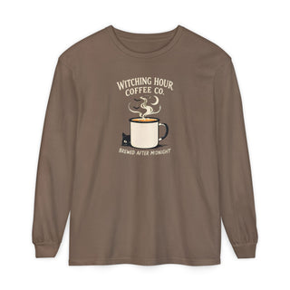 Witching Hour Coffee Co long sleeve espresso colored Halloween shirt with black cat and moon