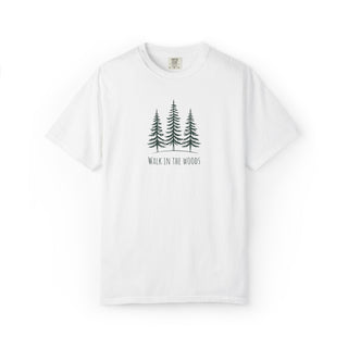 Three evergreen trees and Walk in the Woods lettering printed on a cotton T-shirt