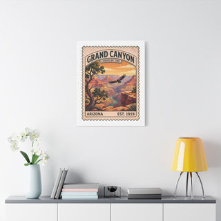 Large Grand Canyon National Park canvas print above a white console in a modern room