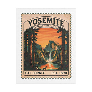 Yosemite National Park vintage stamp canvas print with Half Dome, a waterfall and giant sequoias