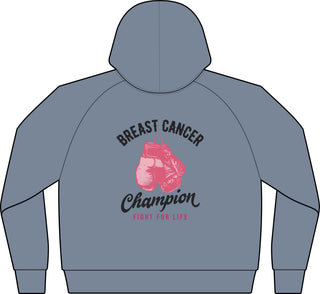 Back of the Breast Cancer Champion zip hoodie in Flint Blue Heather showing pink boxing gloves and Fight for Life