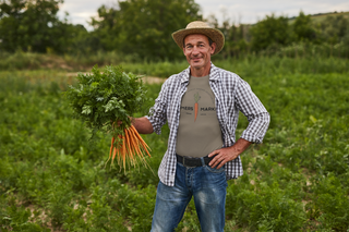 Khaki farmers market carrot cotton tee — slow fashion organic apparel