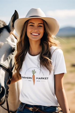 Woman wearing white farmers market carrot tee with relaxed fit — Artisan Grove
