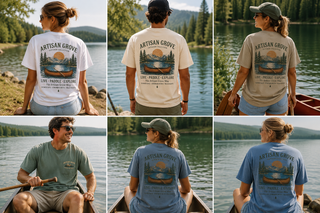Live, Paddle & Explore T‑Shirt –Garment-Dyed Cotton Tee with Vintage Canoe & Lakeside Graphic - Artisan Grove